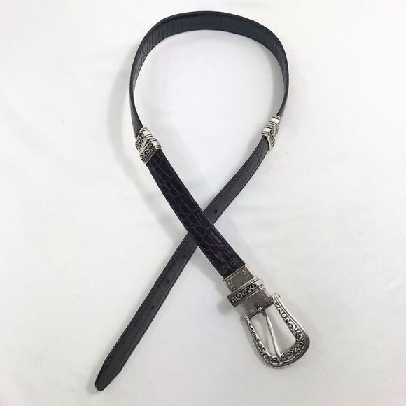 Brighton Black Brown Reptile Embossed Silver Scroll Hardware Reversible Belt - Picture 3 of 16